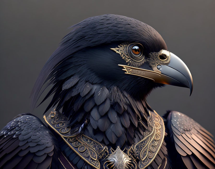 Detailed Stylized Raven with Golden Ornamentation