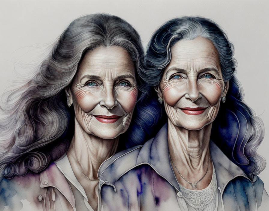 Twin elderly women with gray hair, smiling in blue attire