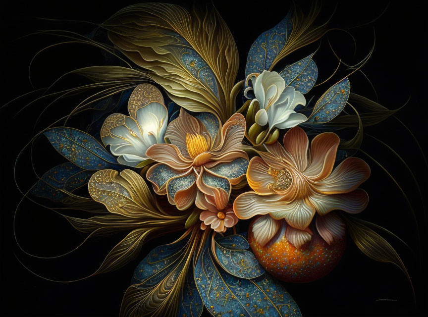Intricate warm-toned flower illustration on black background
