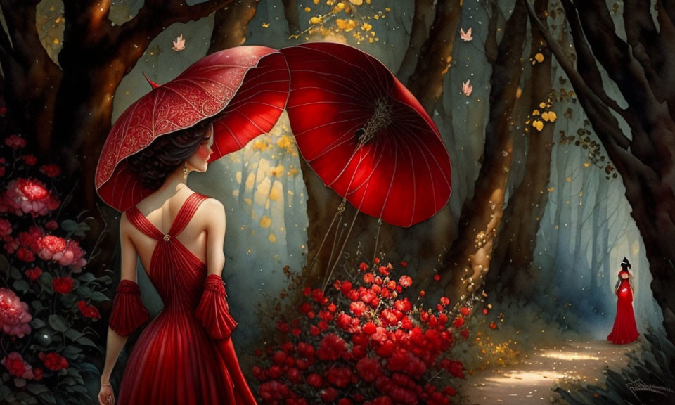Woman in red dress with umbrella on forest path surrounded by butterflies and similar figure in distance