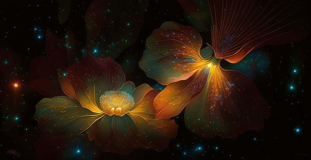 Fantastical glowing flowers against cosmic backdrop