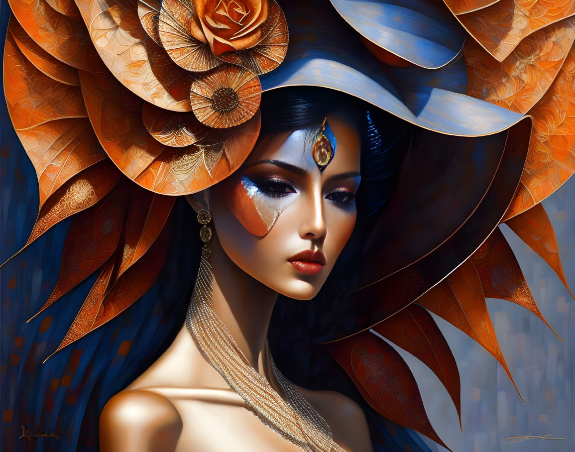 Portrait of woman with orange floral hat and intricate makeup on blue backdrop
