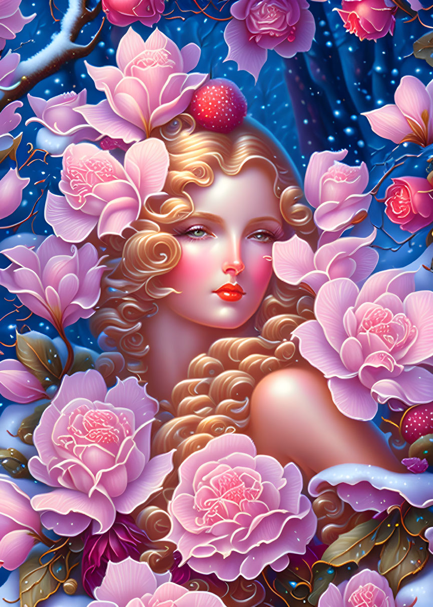 Digital artwork: Woman in pink flowers and berries with blue backdrop