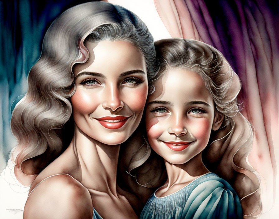 Color illustration of smiling woman & girl with wavy hair, rosy cheeks, showcasing familial bond