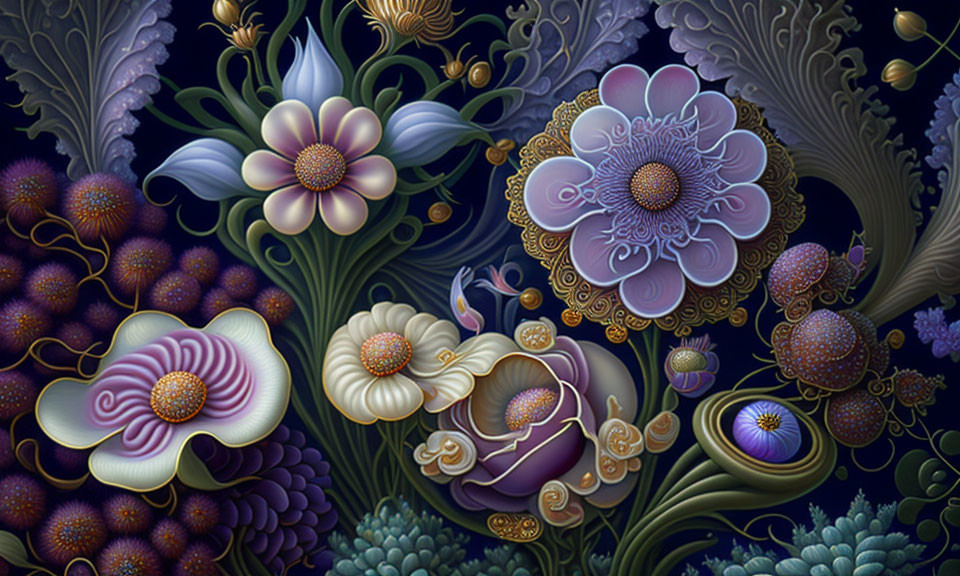 Vibrant digital artwork of ornate flowers in purple, pink, and gold on dark background