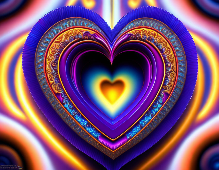 Colorful Fractal Image: Concentric Hearts in Blue, Purple, and Yellow