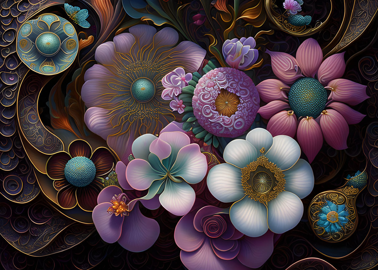Detailed digital artwork: Stylized flowers with intricate patterns
