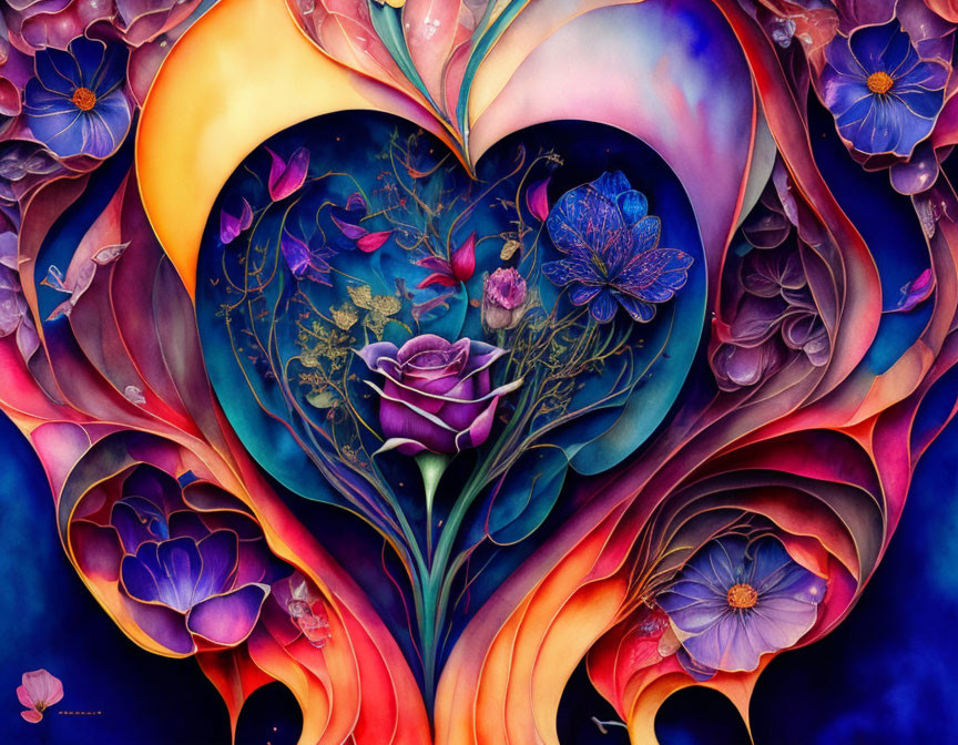 Colorful heart-shaped floral illustration in blue, purple, and gold hues.