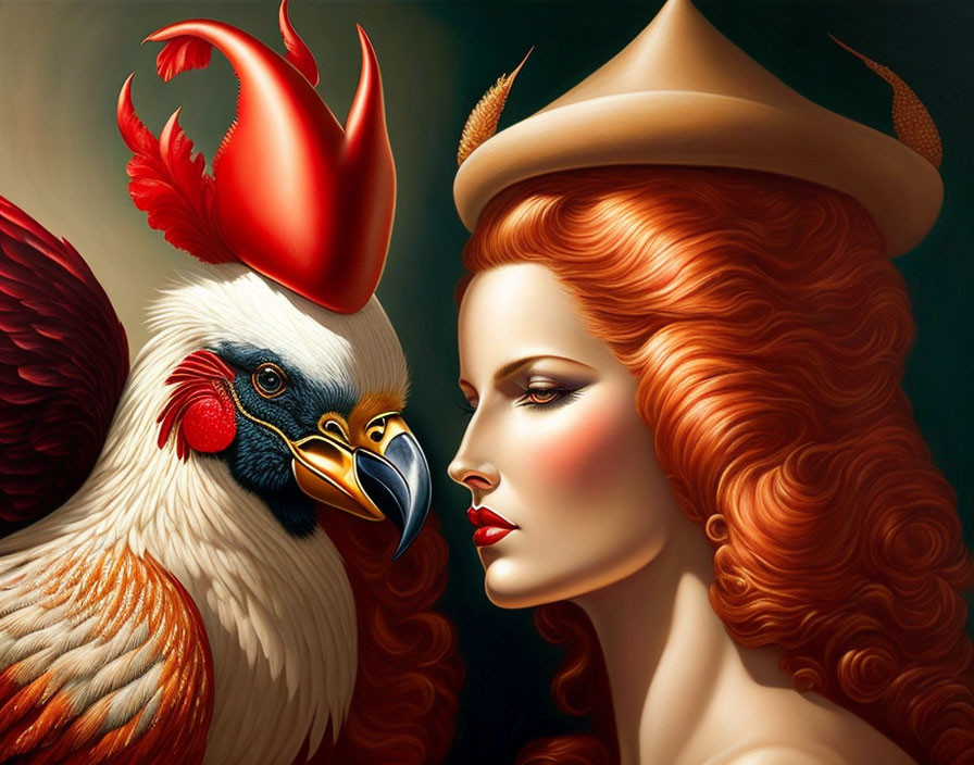 Digital artwork of a woman with red hair and fair skin beside a regal rooster with crown-like