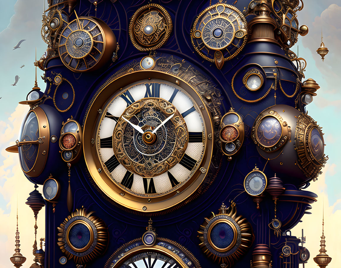 Intricate Steampunk Clockwork Design with Gold and Bronze Gears
