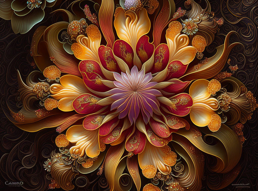 Intricate Digital Artwork: Stylized Flower in Warm Hues