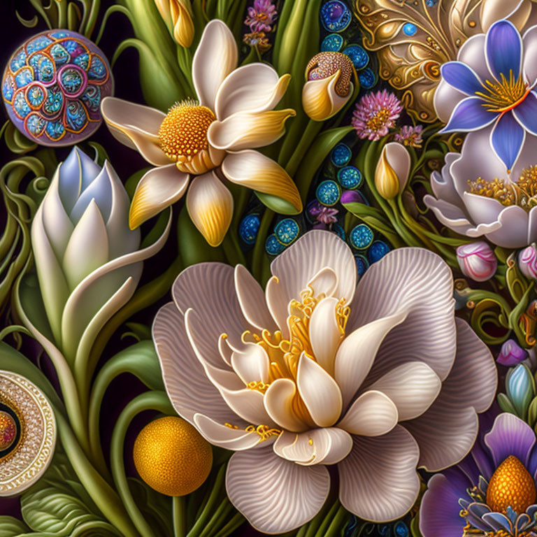 Detailed Blooming Flowers Illustration with Rich Colors