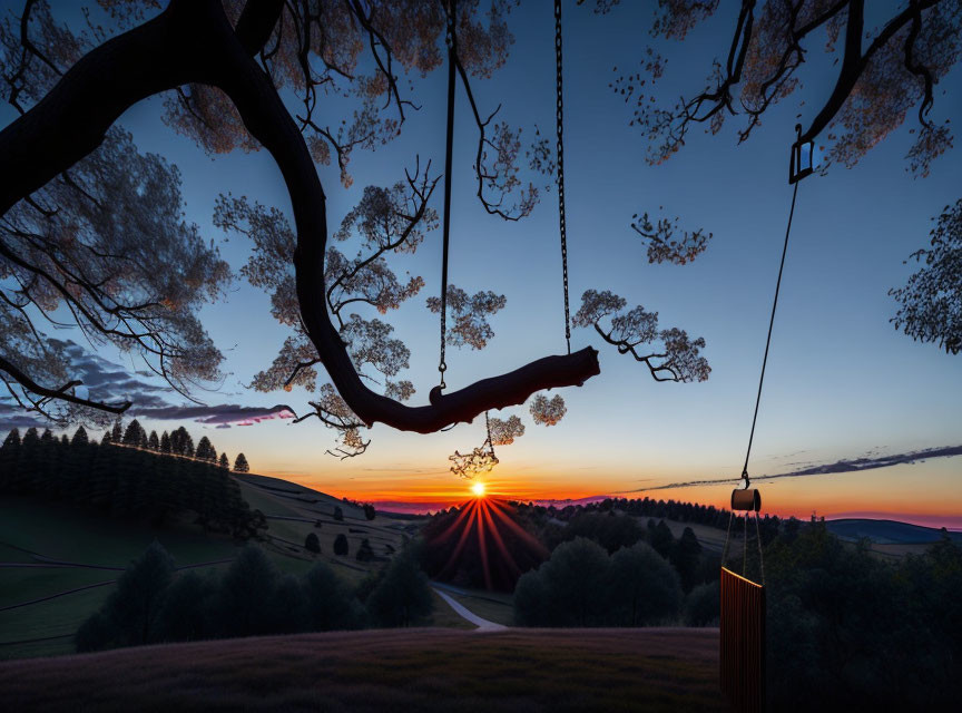 Sunset tree swing scene with vibrant sky colors and rolling hills