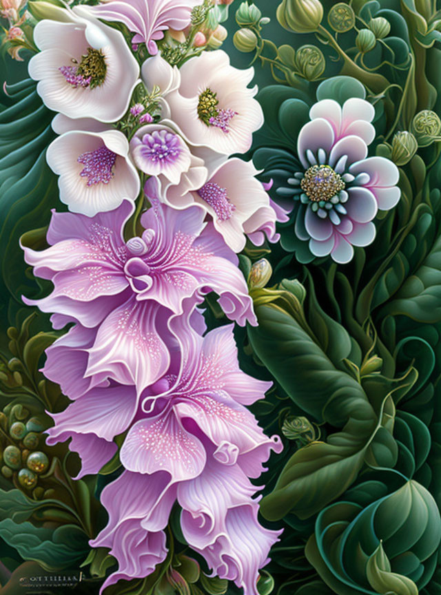 Colorful Floral Painting with Purple and White Flowers