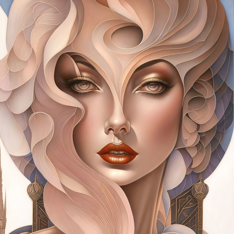Stylized portrait of woman with wavy hair and architectural backdrop