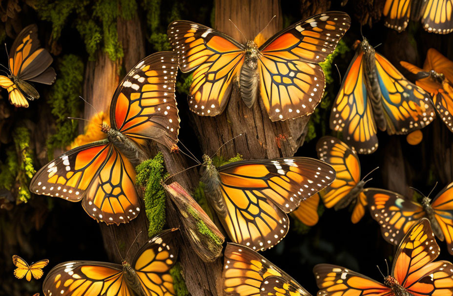 Colorful monarch butterflies on moss-covered tree showcasing intricate patterns