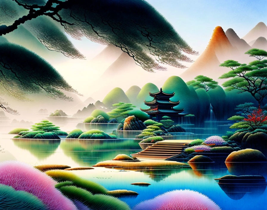 Tranquil landscape with misty mountains, vibrant flora, and traditional pavilion