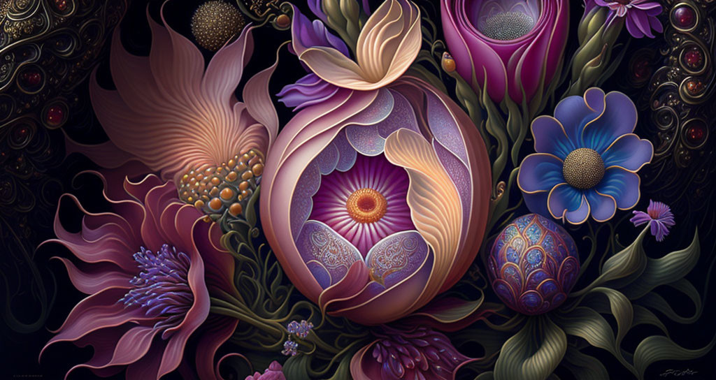 Colorful digital artwork of intricate floral patterns in purple and pink hues