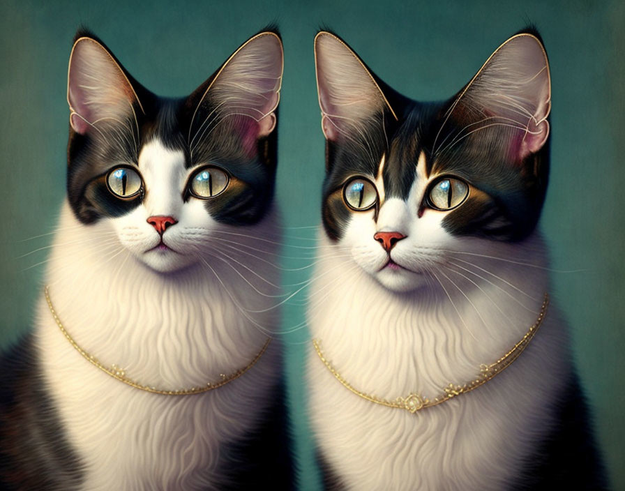 Elegant portrait of cats with blue eyes and golden necklaces on teal background