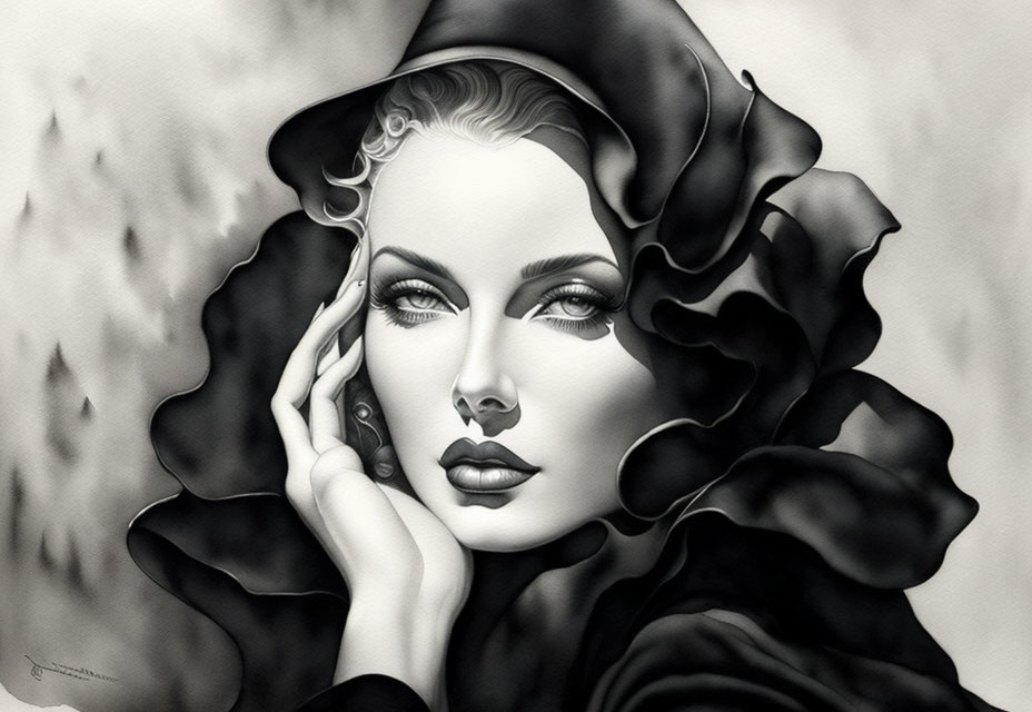 Monochromatic portrait of a woman with wavy hair and headpiece.