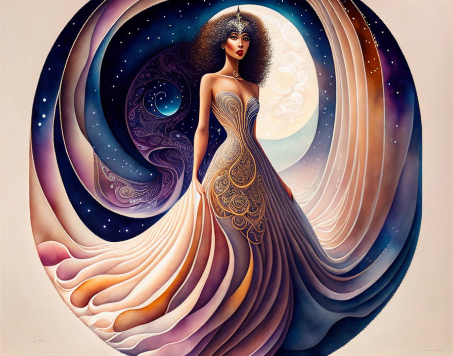 Surreal painting: Woman in cosmic backdrop with ornate dress.