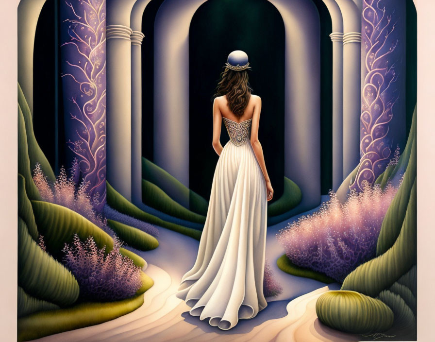 Woman in white gown at surreal gateway with purple foliage