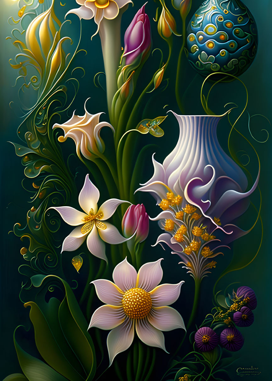 Stylized ornamental flowers in purples and yellows with swirling leaves and a small blue