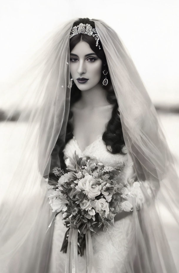 Monochrome portrait of bride with veil, tiara, earrings, bouquet