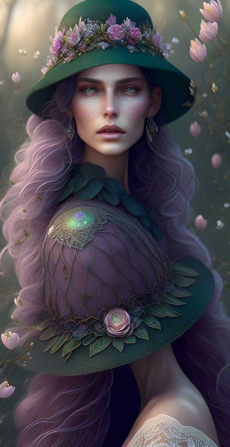 Illustration of woman with long purple hair in green hat and cloak surrounded by petals