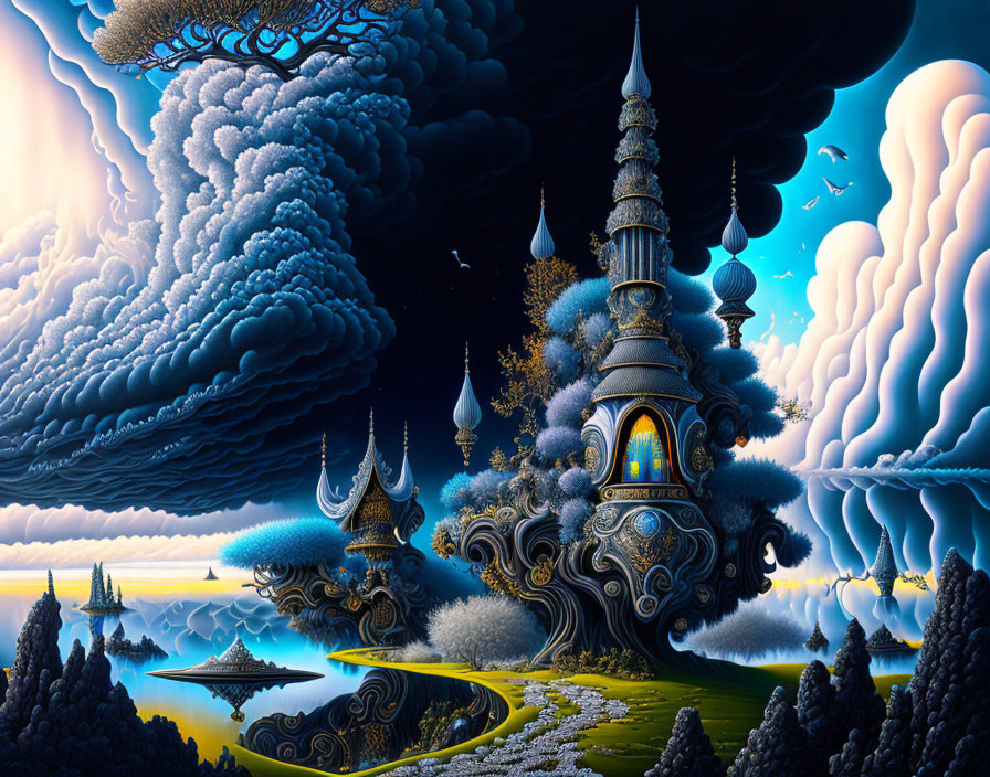Fantastical landscape with ornate tower, swirling clouds, serene waters.