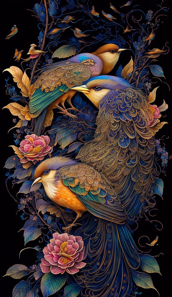 Vibrant plumage birds with intricate patterns on dark background