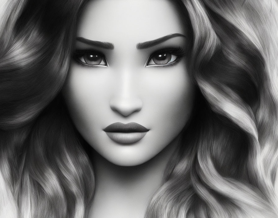 Monochrome digital portrait of a woman with wavy hair and striking eyes