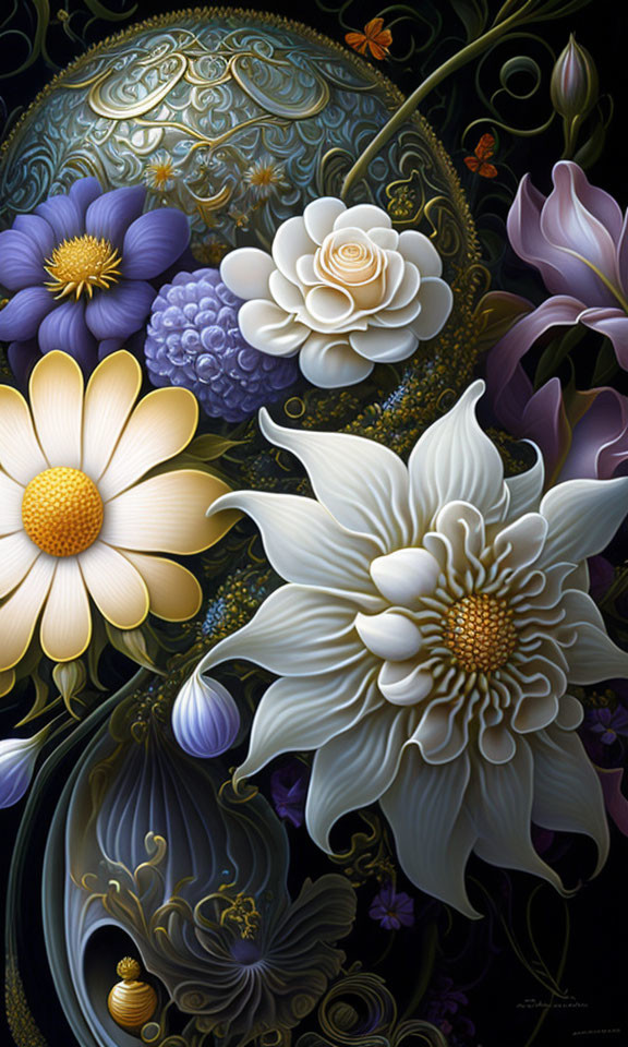 Detailed Floral Illustration in Rich Hues on Dark Background
