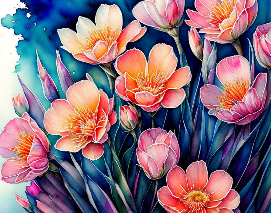 Colorful watercolor painting of orange and pink flowers on blue background