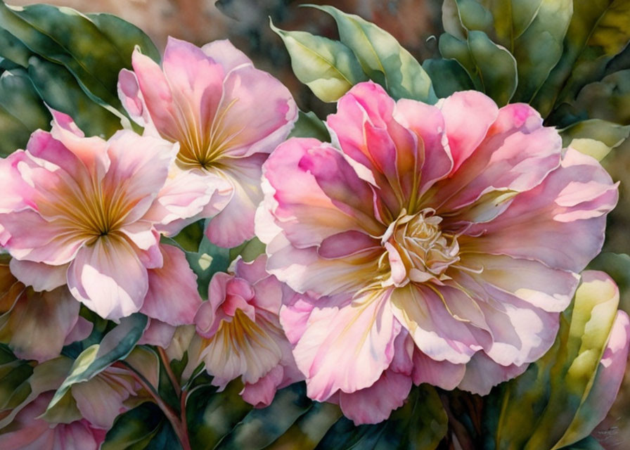 Detailed Watercolor Painting of Pink and White Flowers