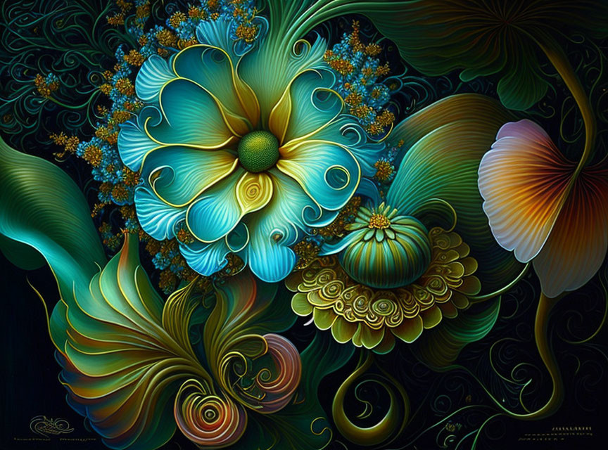 Intricate teal, blue, and gold floral digital art