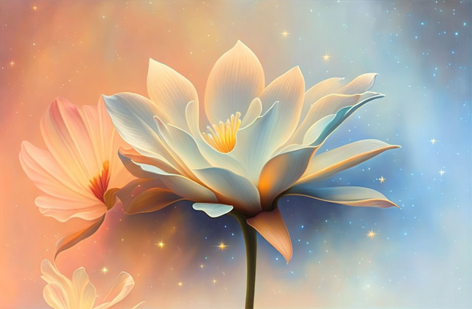 Ethereal digital art of lotus flowers in soft glow on pastel starry backdrop