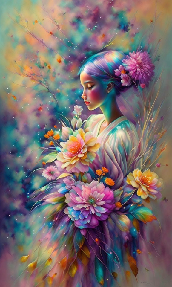 Vibrant illustration of serene woman with iridescent hair and flowers surrounded by floral and cosmic patterns