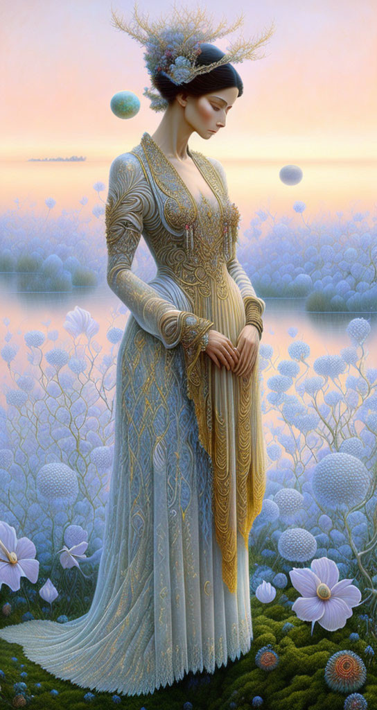 Ethereal woman in gold gown surrounded by blooming flowers and planets at twilight