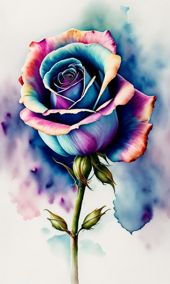 Colorful Rose with Blue, Pink, and Purple Petals on Soft-Focus Watercolor Background