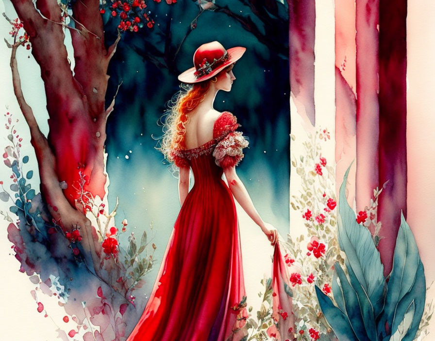 Woman in Red Dress and Hat Amongst Red Flowers and Mystical Forest