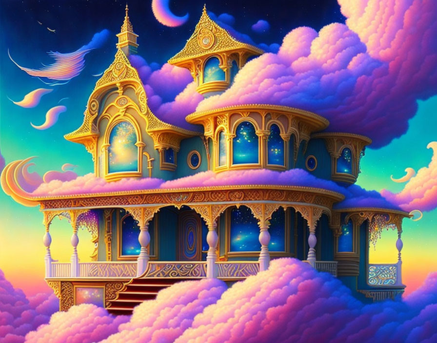 Golden palace floats in pink and purple clouds at twilight