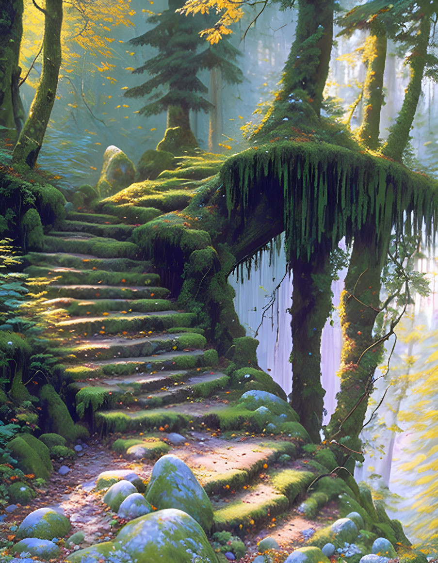 Sunlit forest steps covered in moss and mist with overhanging branches and mossy stones.