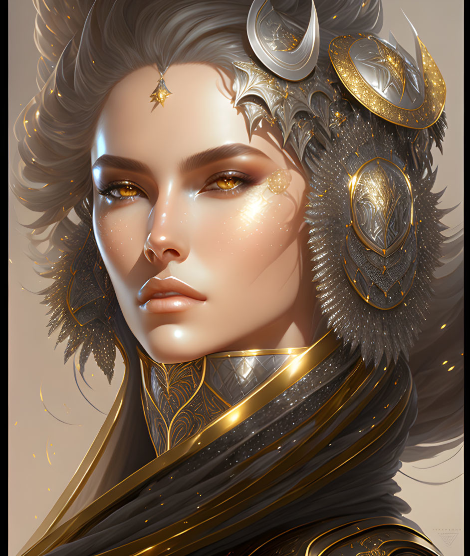 Regal female figure with golden accessories and shimmering freckles on warm backdrop