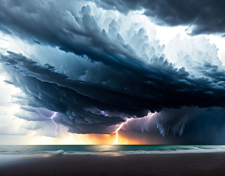 Stormy Seascape with Lightning Bolts and Shelf Cloud