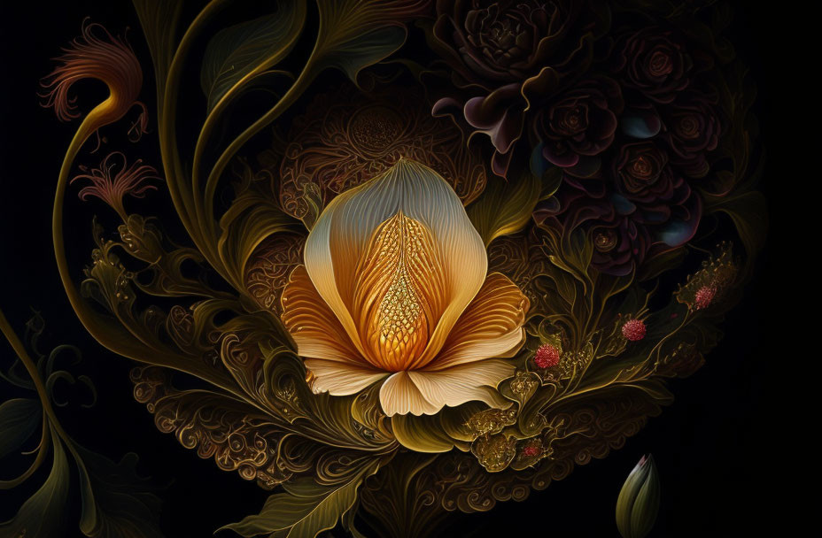Detailed Dark Floral Digital Artwork in Warm Tones