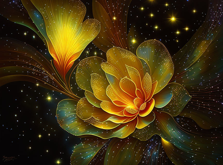 Vibrant digital artwork: glowing yellow-orange flower against star-studded cosmic background