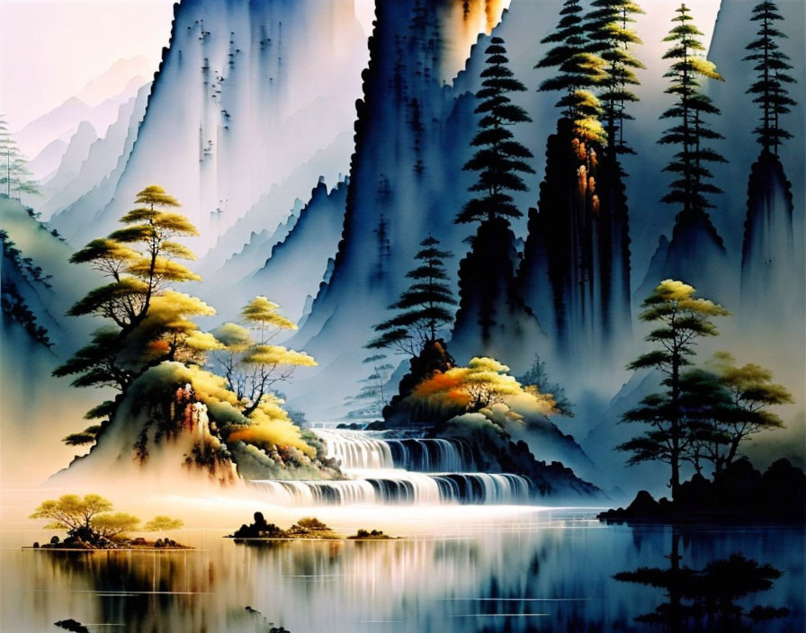 Tranquil landscape with waterfalls, pine trees, mist, and serene lake.