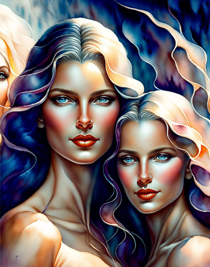 Two women with blue eyes and wavy hair in vibrant, colorful illustration.