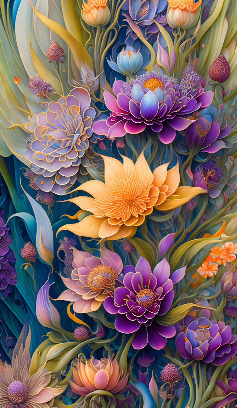 Colorful digital artwork of stylized flowers in blue, yellow, and purple tones
